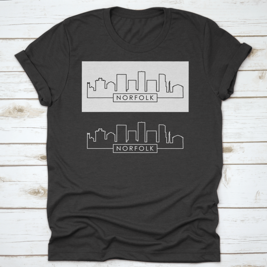 A stylish shirt featuring a linear vector illustration of the Norfolk city skyline, made from 100% cotton for comfort.
