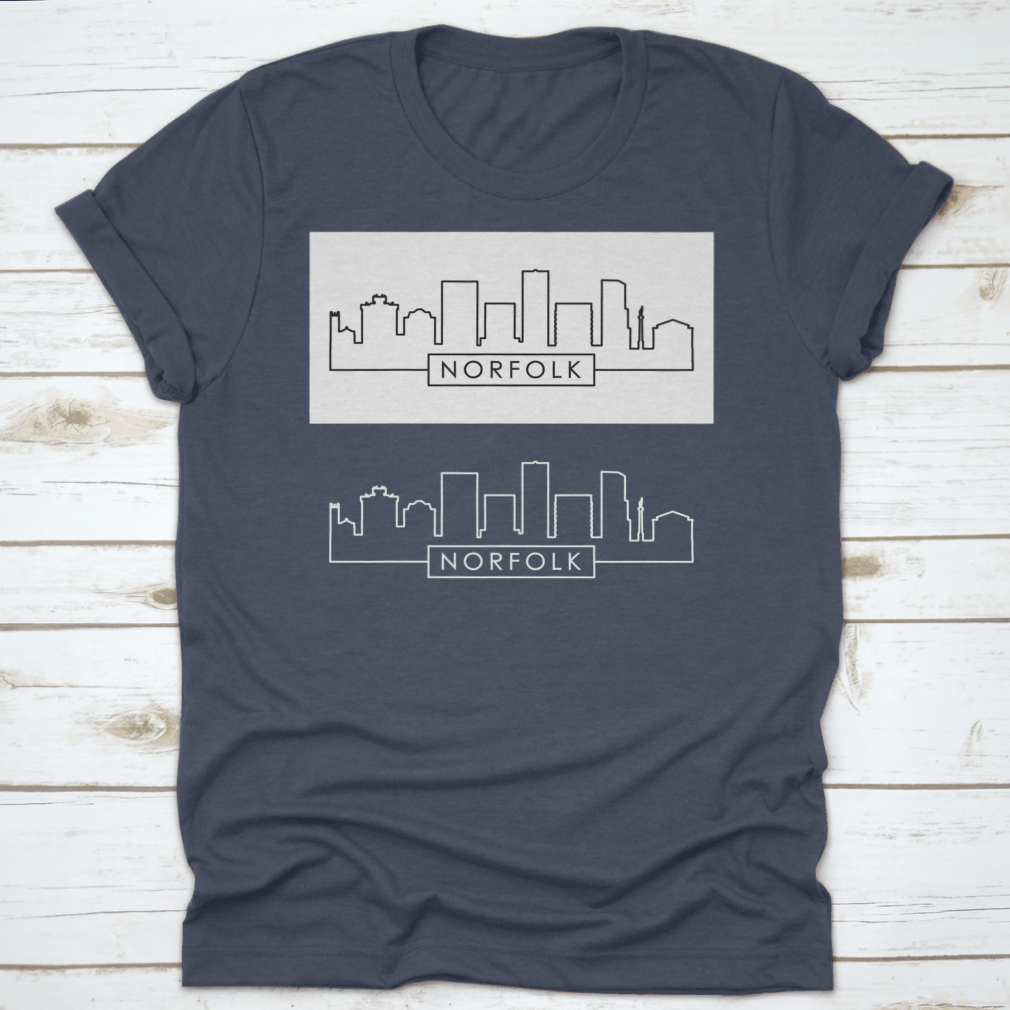 A stylish shirt featuring a linear vector illustration of the Norfolk city skyline, made from 100% cotton for comfort.