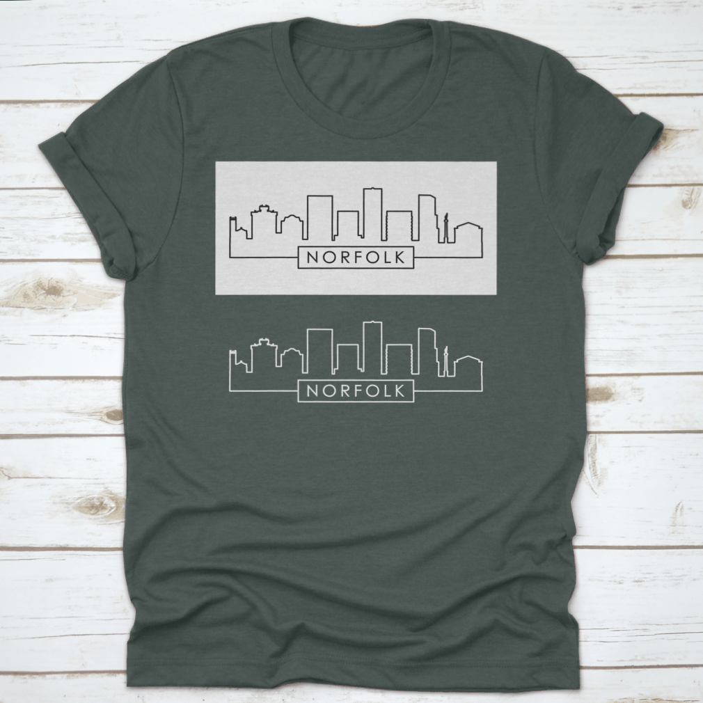A stylish shirt featuring a linear vector illustration of the Norfolk city skyline, made from 100% cotton for comfort.