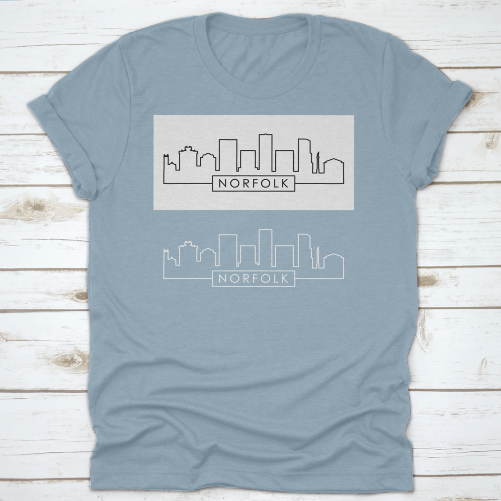 A stylish shirt featuring a linear vector illustration of the Norfolk city skyline, made from 100% cotton for comfort.