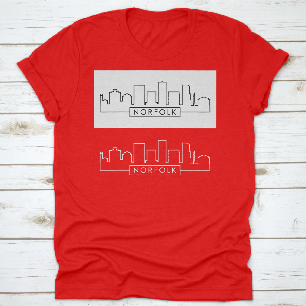 A stylish shirt featuring a linear vector illustration of the Norfolk city skyline, made from 100% cotton for comfort.