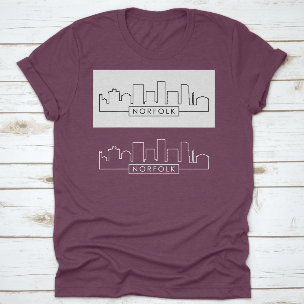 A stylish shirt featuring a linear vector illustration of the Norfolk city skyline, made from 100% cotton for comfort.