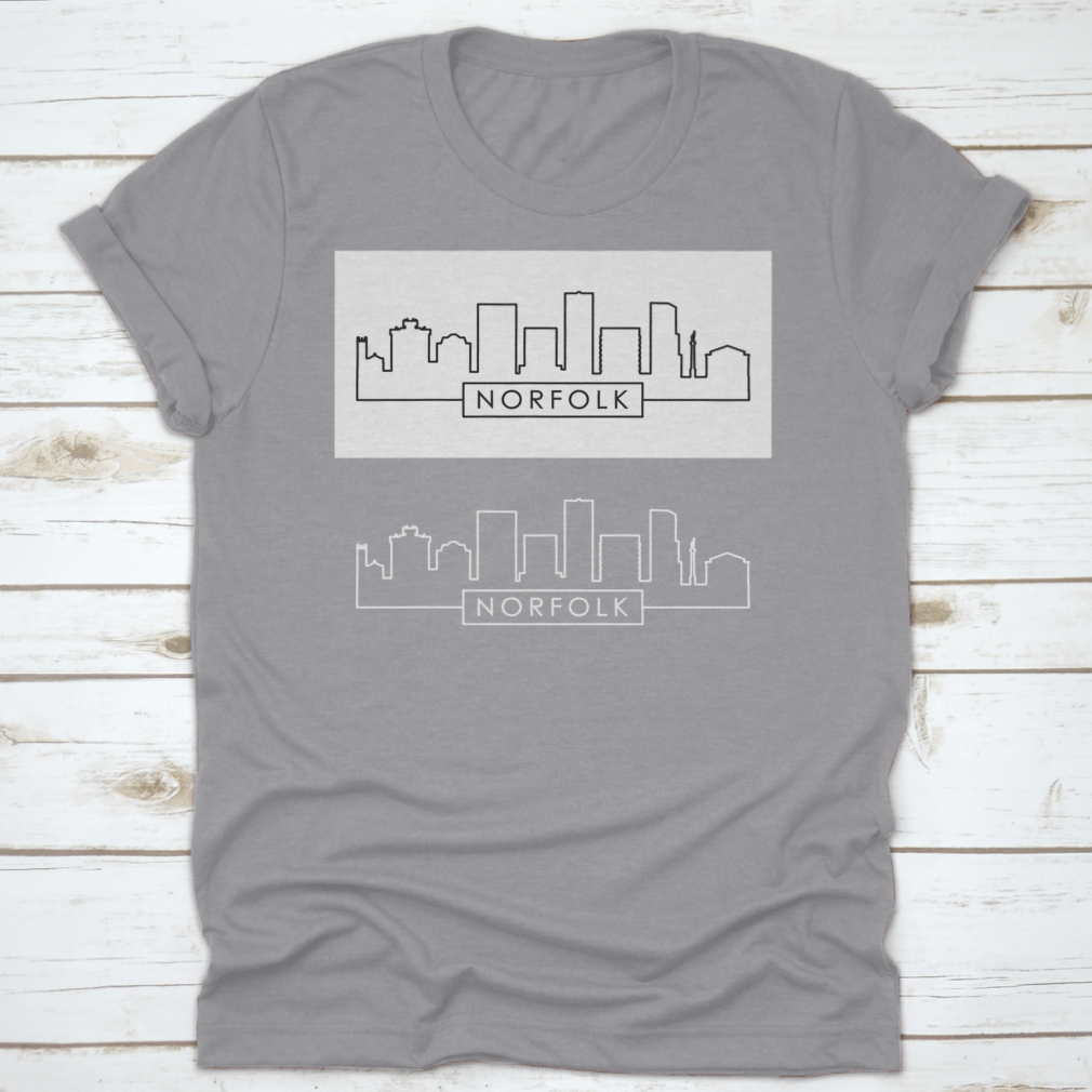 A stylish shirt featuring a linear vector illustration of the Norfolk city skyline, made from 100% cotton for comfort.