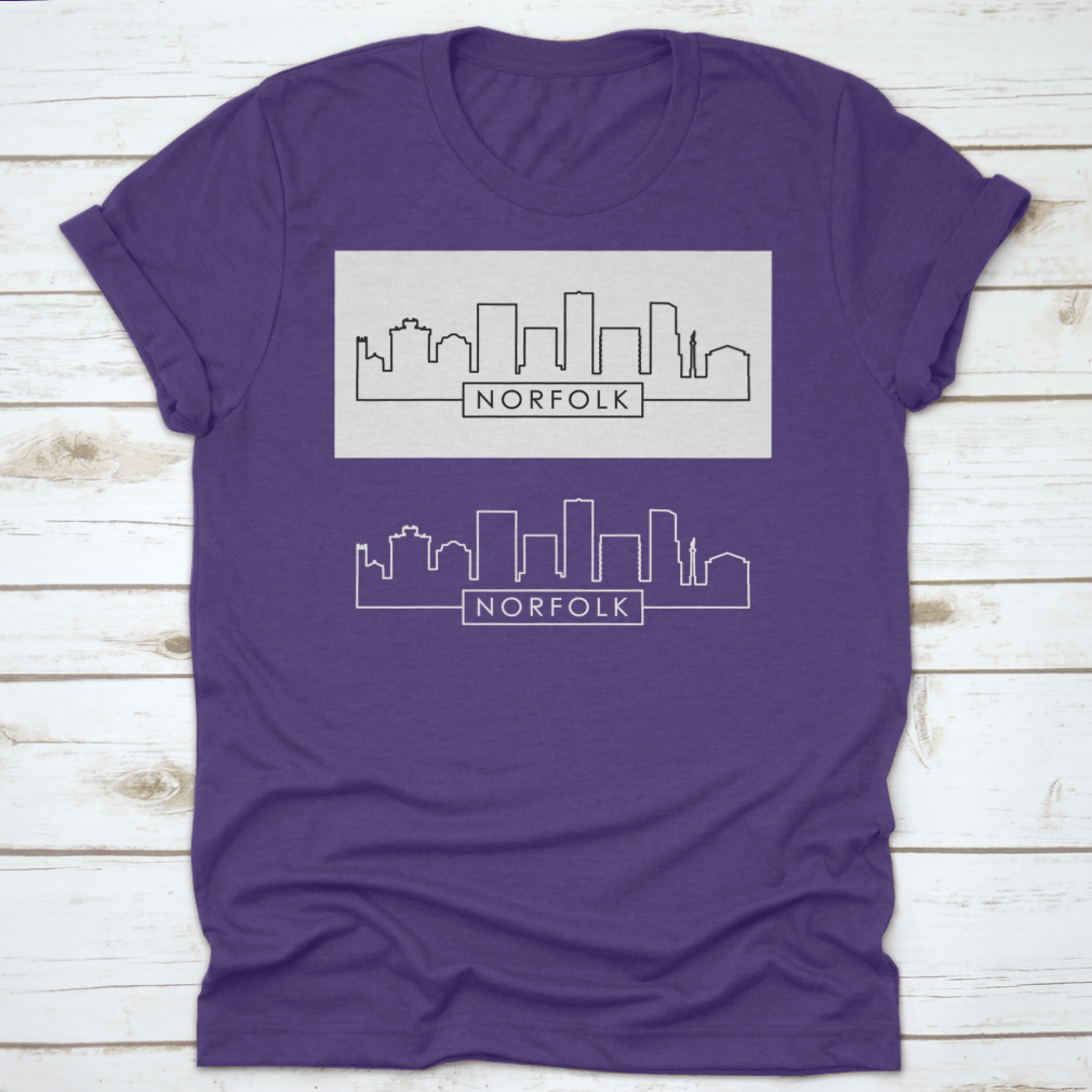 A stylish shirt featuring a linear vector illustration of the Norfolk city skyline, made from 100% cotton for comfort.
