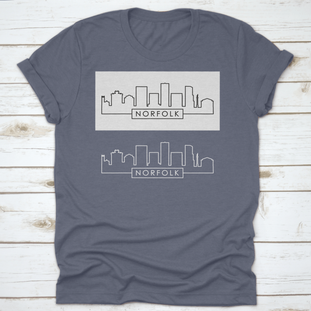 A stylish shirt featuring a linear vector illustration of the Norfolk city skyline, made from 100% cotton for comfort.