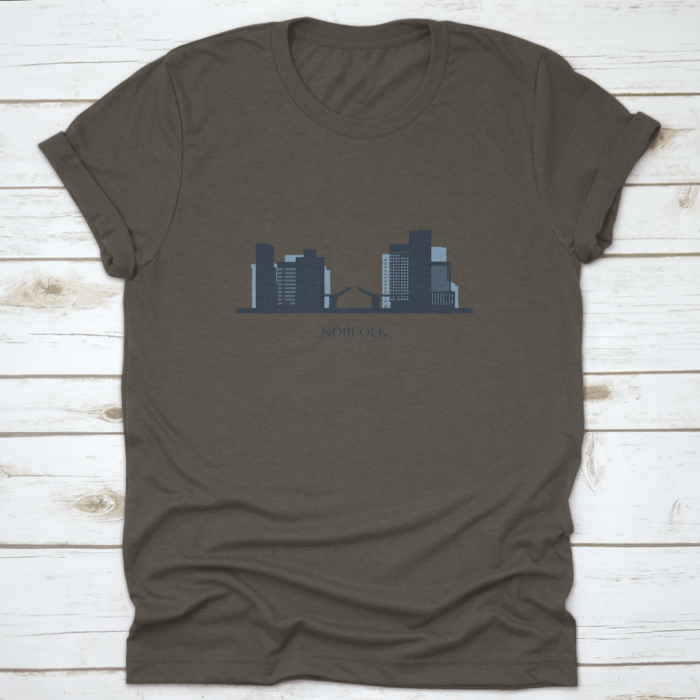 A stylish monochrome silhouette vector illustration of the Norfolk skyline on a comfortable cotton shirt.