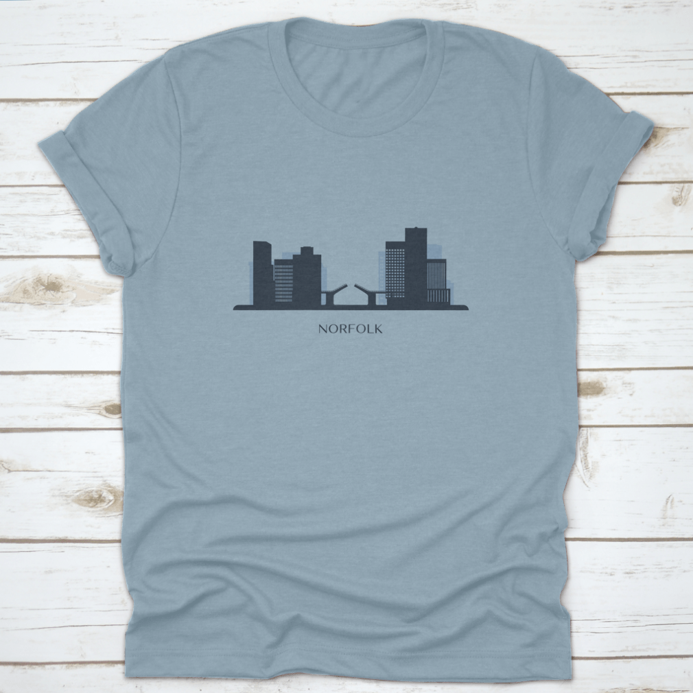 A stylish monochrome silhouette vector illustration of the Norfolk skyline on a comfortable cotton shirt.