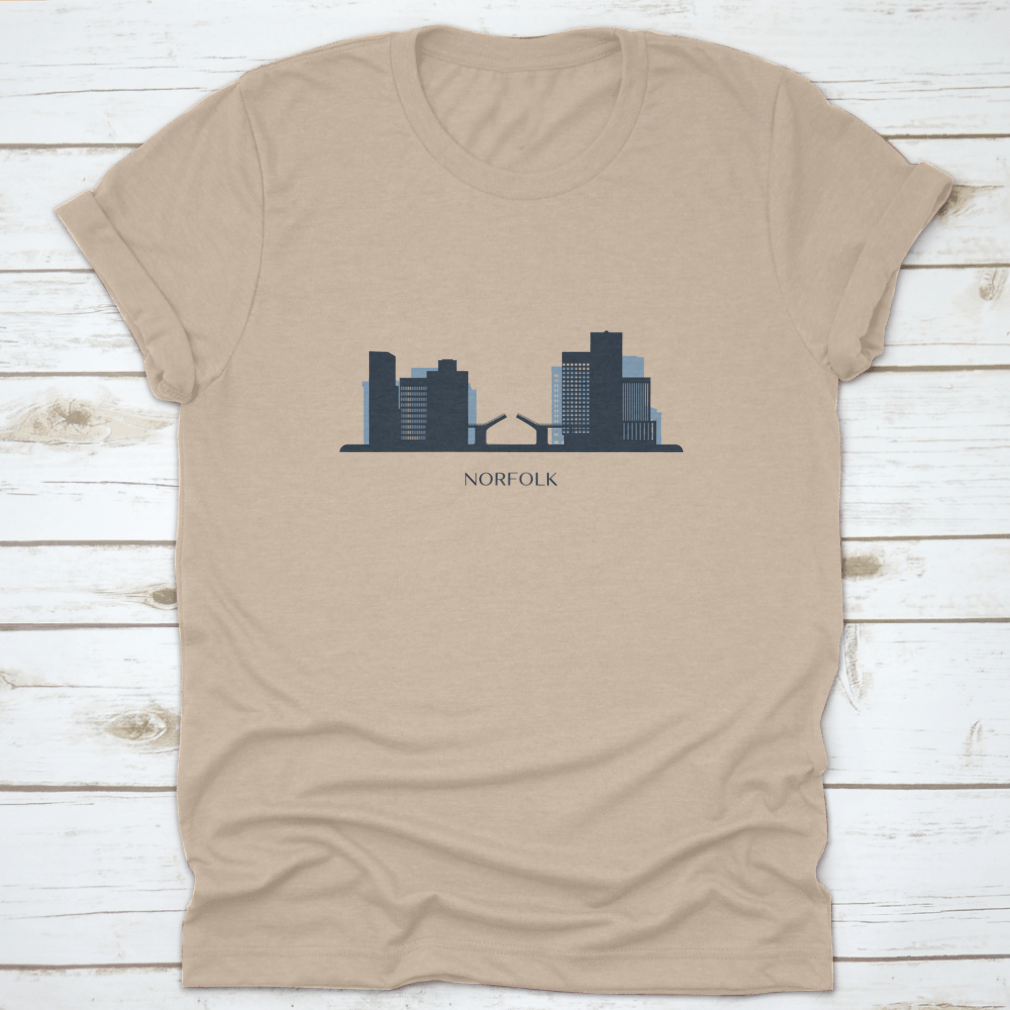 A stylish monochrome silhouette vector illustration of the Norfolk skyline on a comfortable cotton shirt.