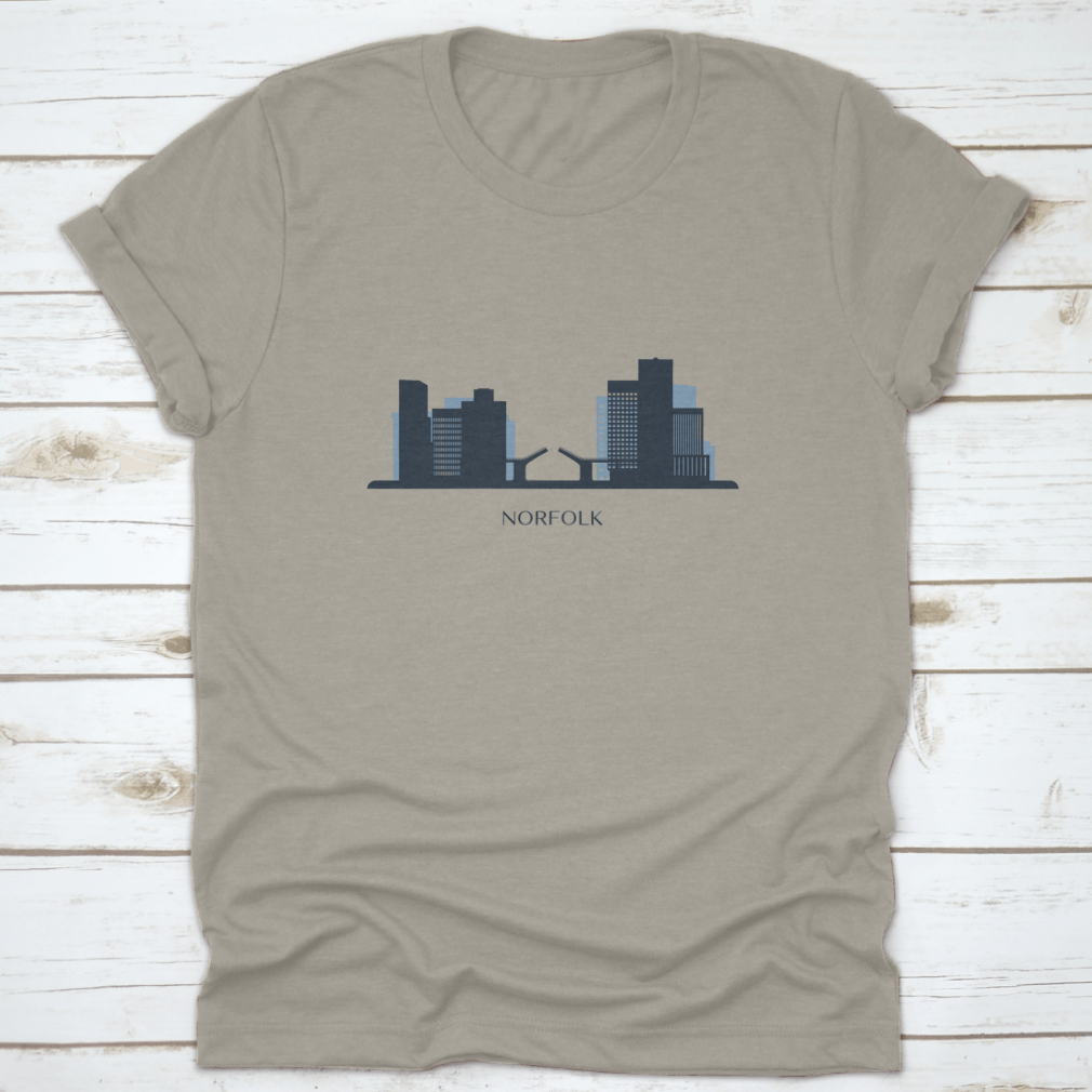 A stylish monochrome silhouette vector illustration of the Norfolk skyline on a comfortable cotton shirt.
