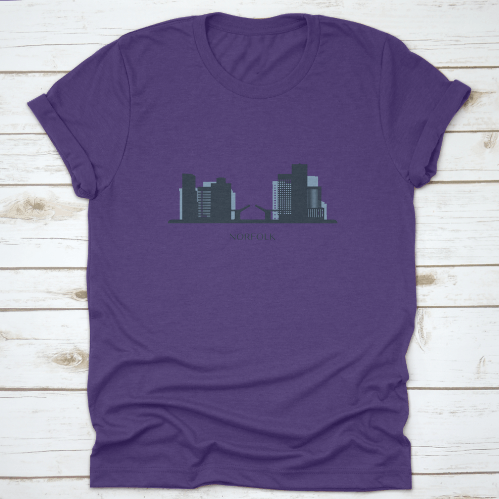 A stylish monochrome silhouette vector illustration of the Norfolk skyline on a comfortable cotton shirt.