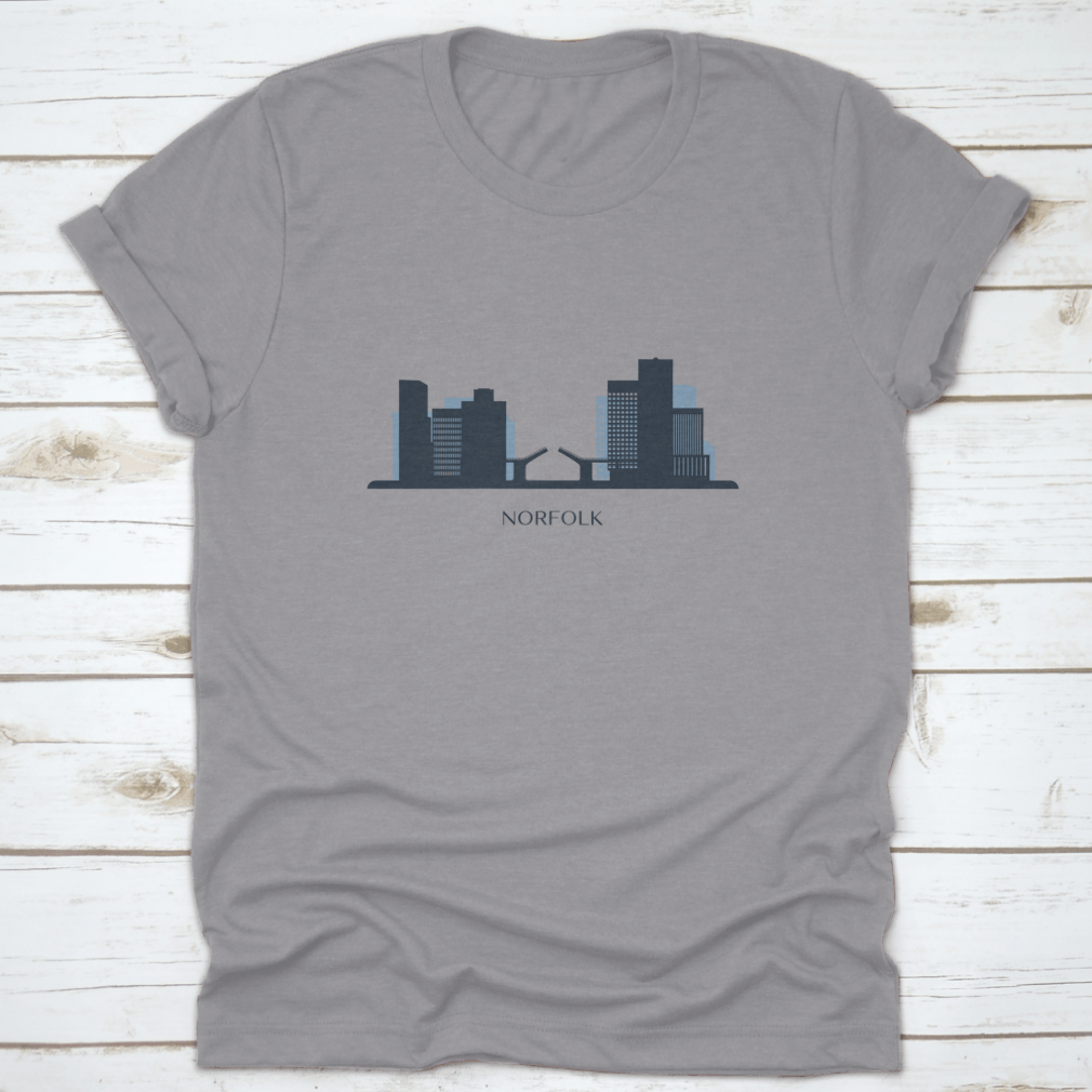 A stylish monochrome silhouette vector illustration of the Norfolk skyline on a comfortable cotton shirt.