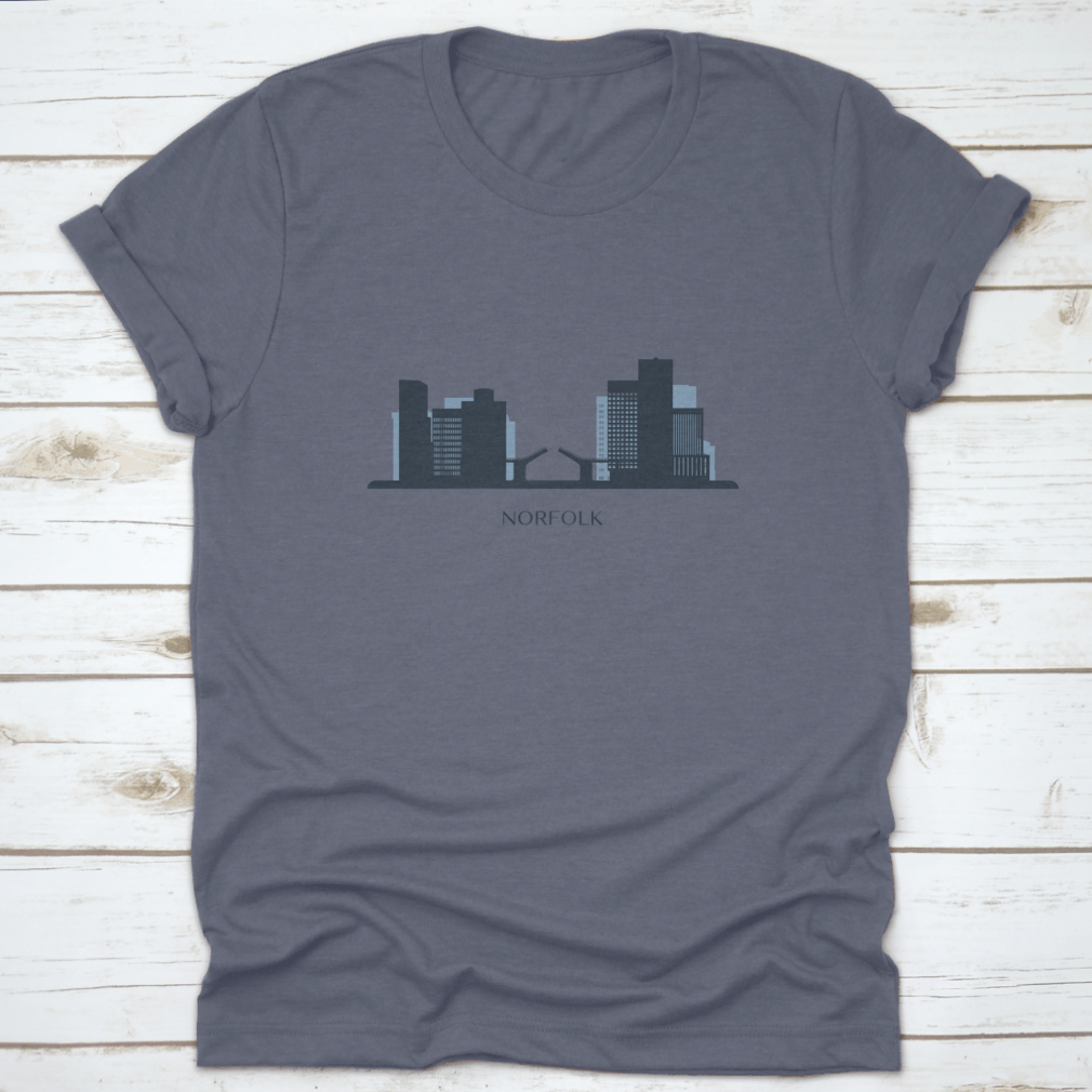 A stylish monochrome silhouette vector illustration of the Norfolk skyline on a comfortable cotton shirt.