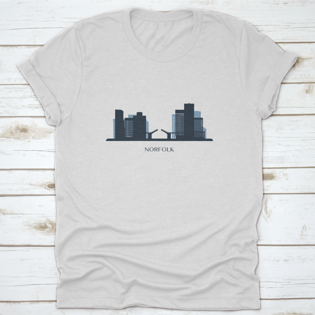 A stylish monochrome silhouette vector illustration of the Norfolk skyline on a comfortable cotton shirt.