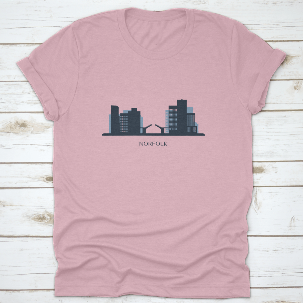 A stylish monochrome silhouette vector illustration of the Norfolk skyline on a comfortable cotton shirt.