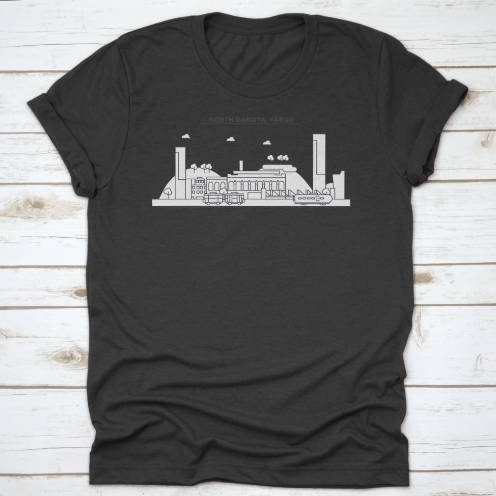 North Dakota Fargo skyline illustration on a cotton T-shirt, showcasing architectural details.