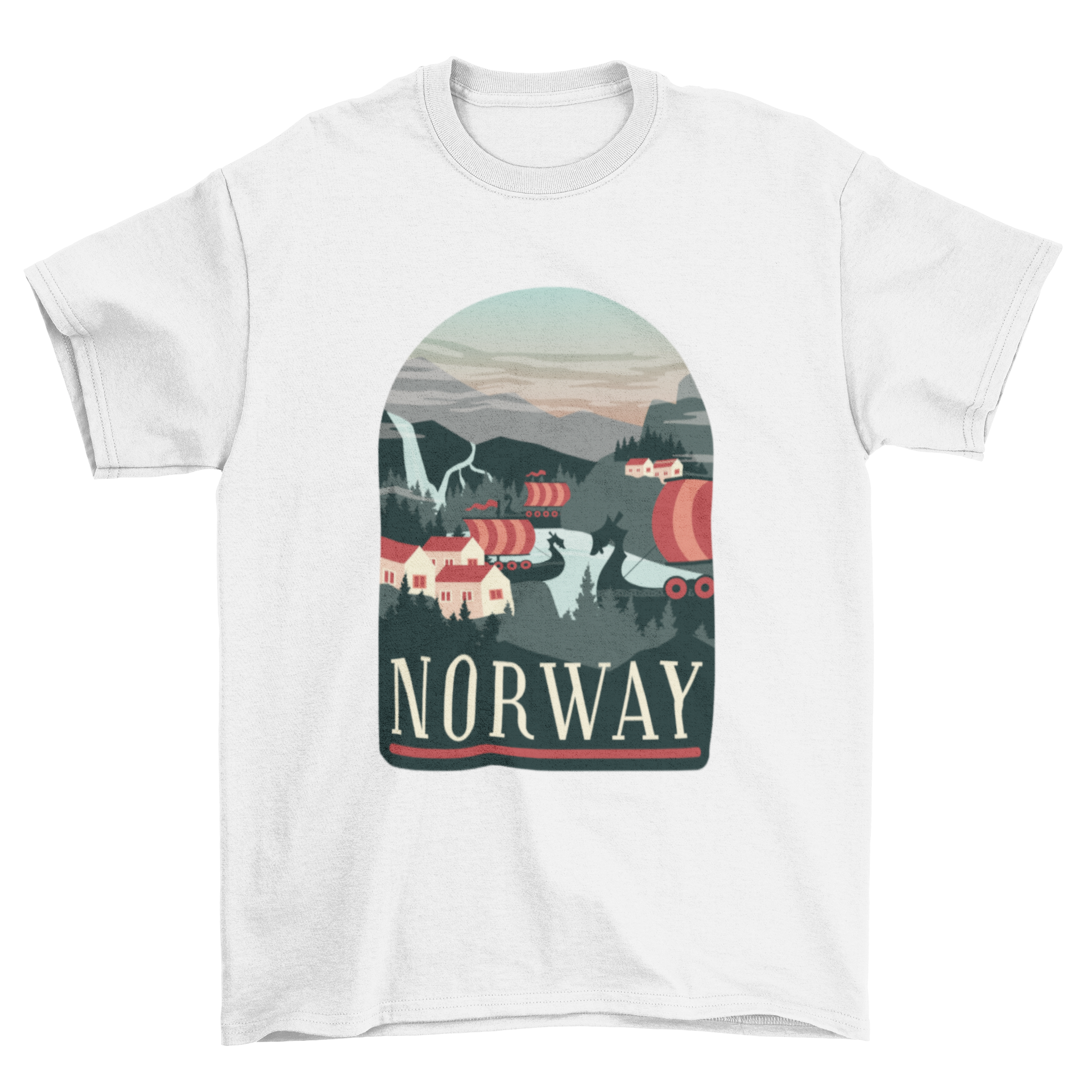 Norway T-Shirt Design featuring Viking ships, waterfalls, fjords, and traditional houses.