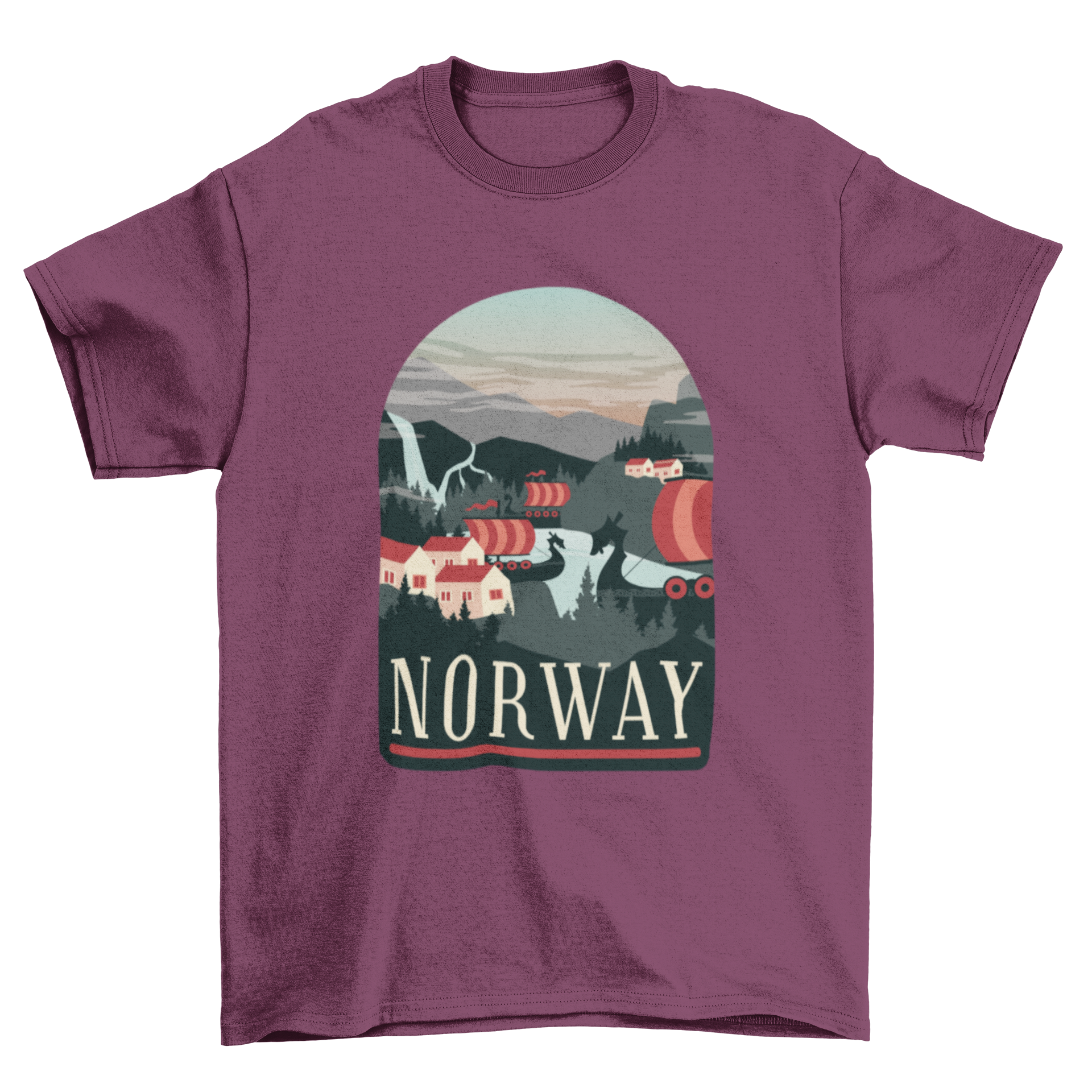 Norway T-Shirt Design featuring Viking ships, waterfalls, fjords, and traditional houses.