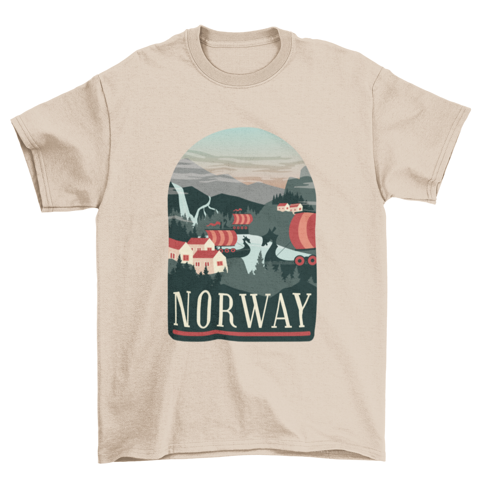 Norway T-Shirt Design featuring Viking ships, waterfalls, fjords, and traditional houses.