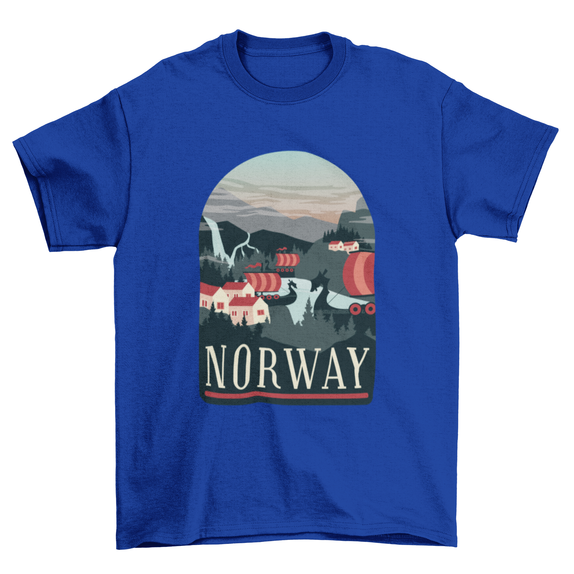 Norway T-Shirt Design featuring Viking ships, waterfalls, fjords, and traditional houses.