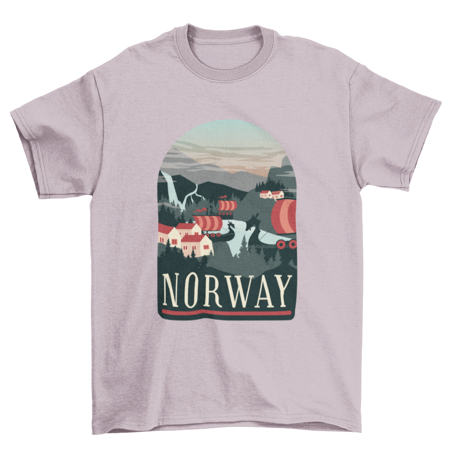 Norway T-Shirt Design featuring Viking ships, waterfalls, fjords, and traditional houses.