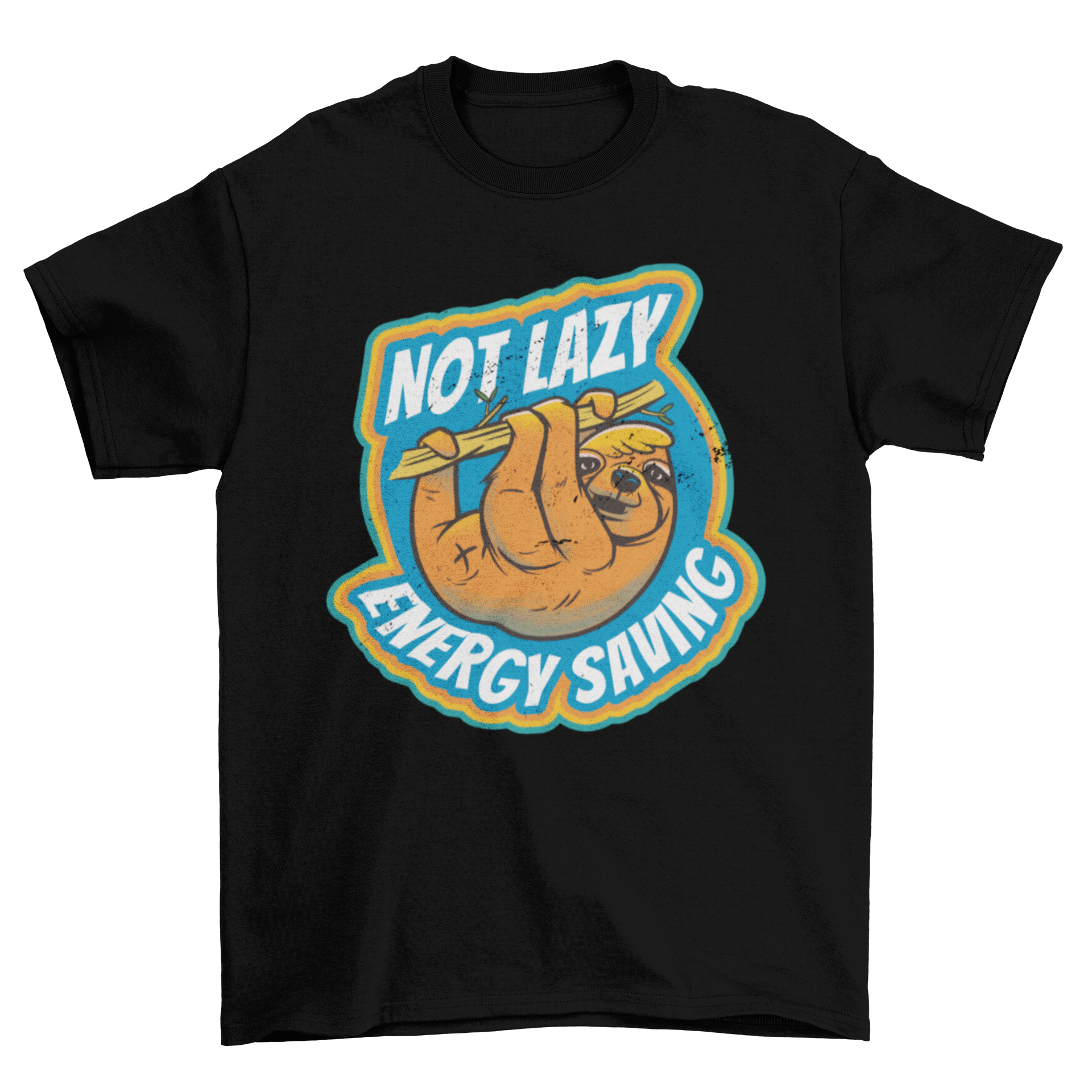 A humorous t-shirt featuring a sloth and the quote 'Not lazy - Energy saving', perfect for casual wear.