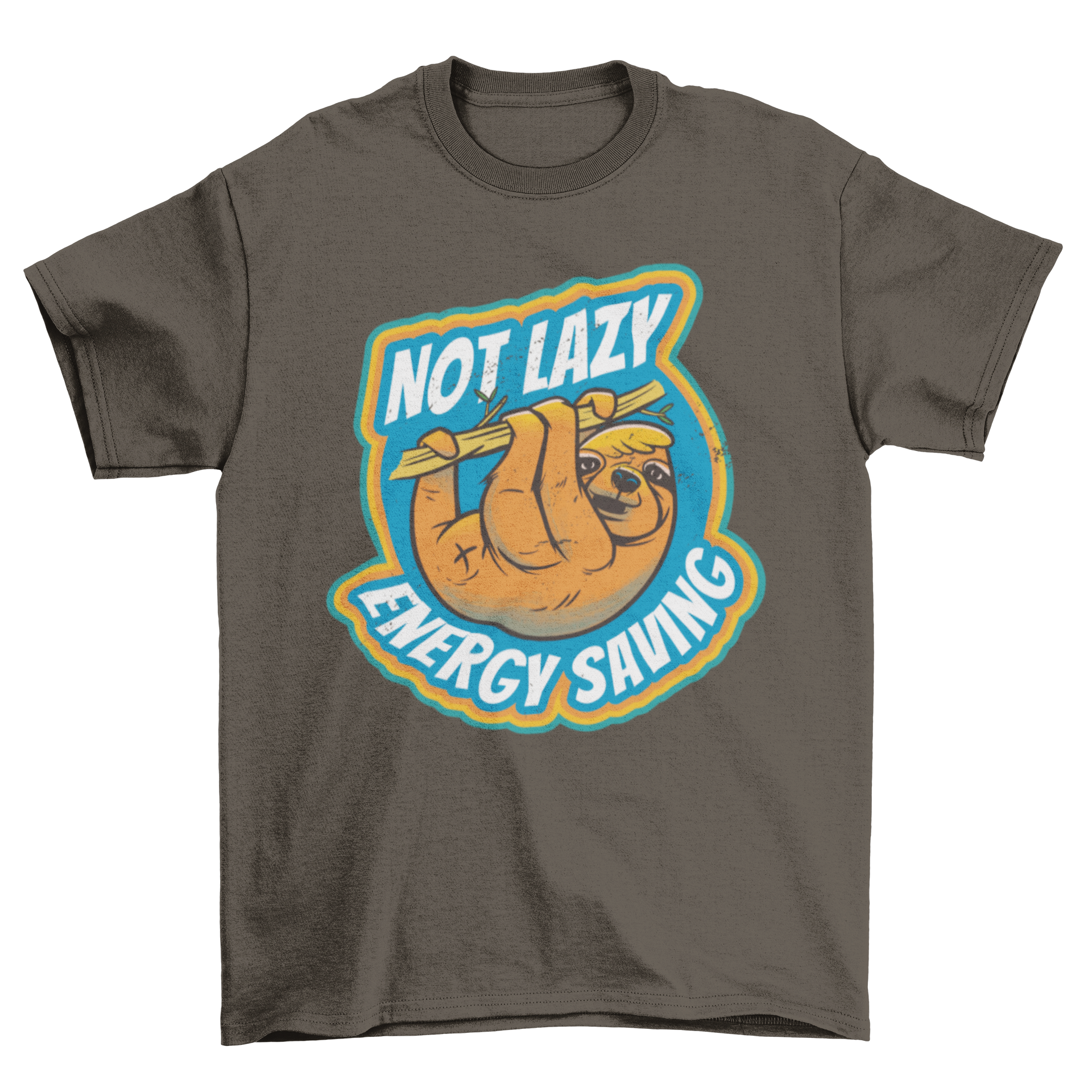 A humorous t-shirt featuring a sloth and the quote 'Not lazy - Energy saving', perfect for casual wear.