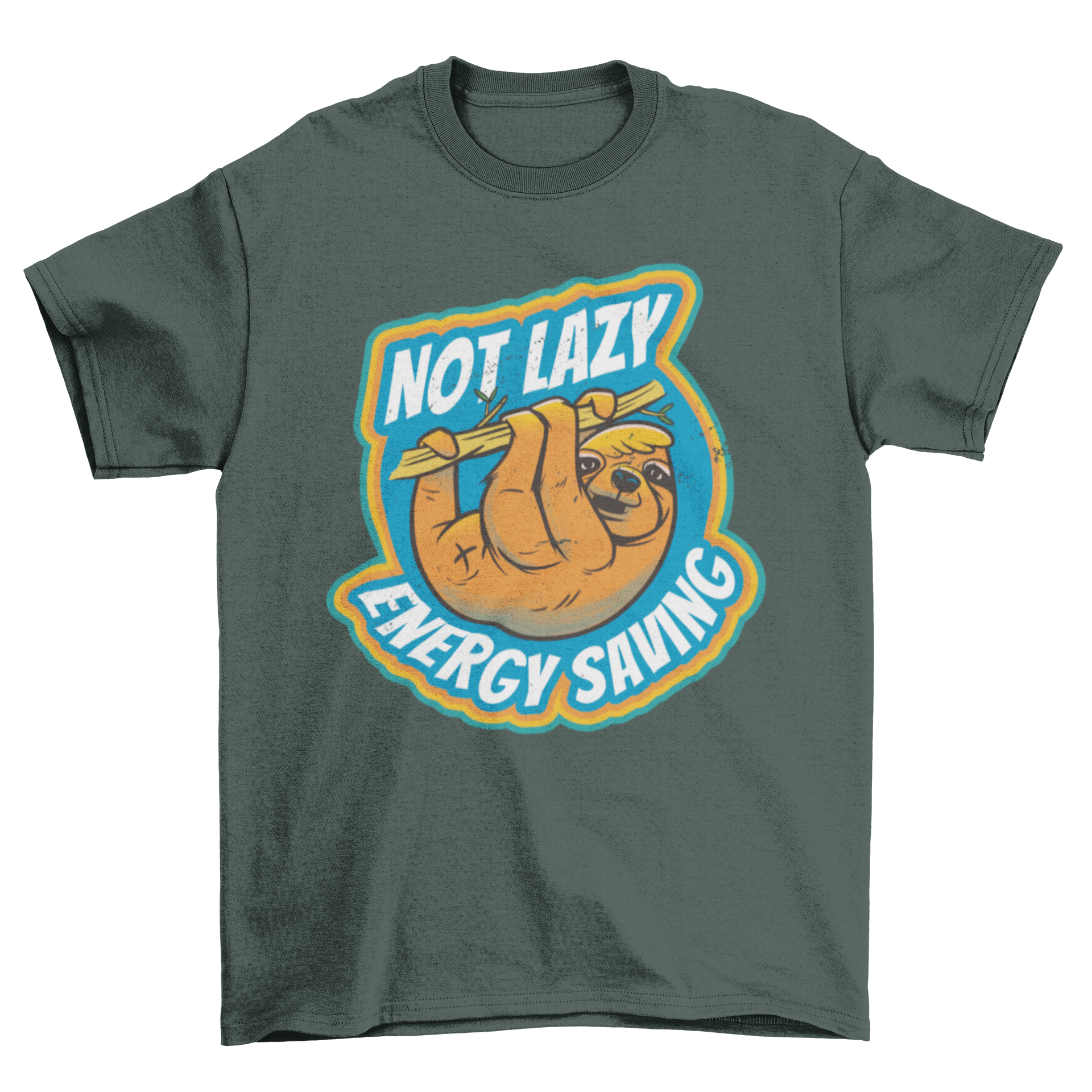 A humorous t-shirt featuring a sloth and the quote 'Not lazy - Energy saving', perfect for casual wear.