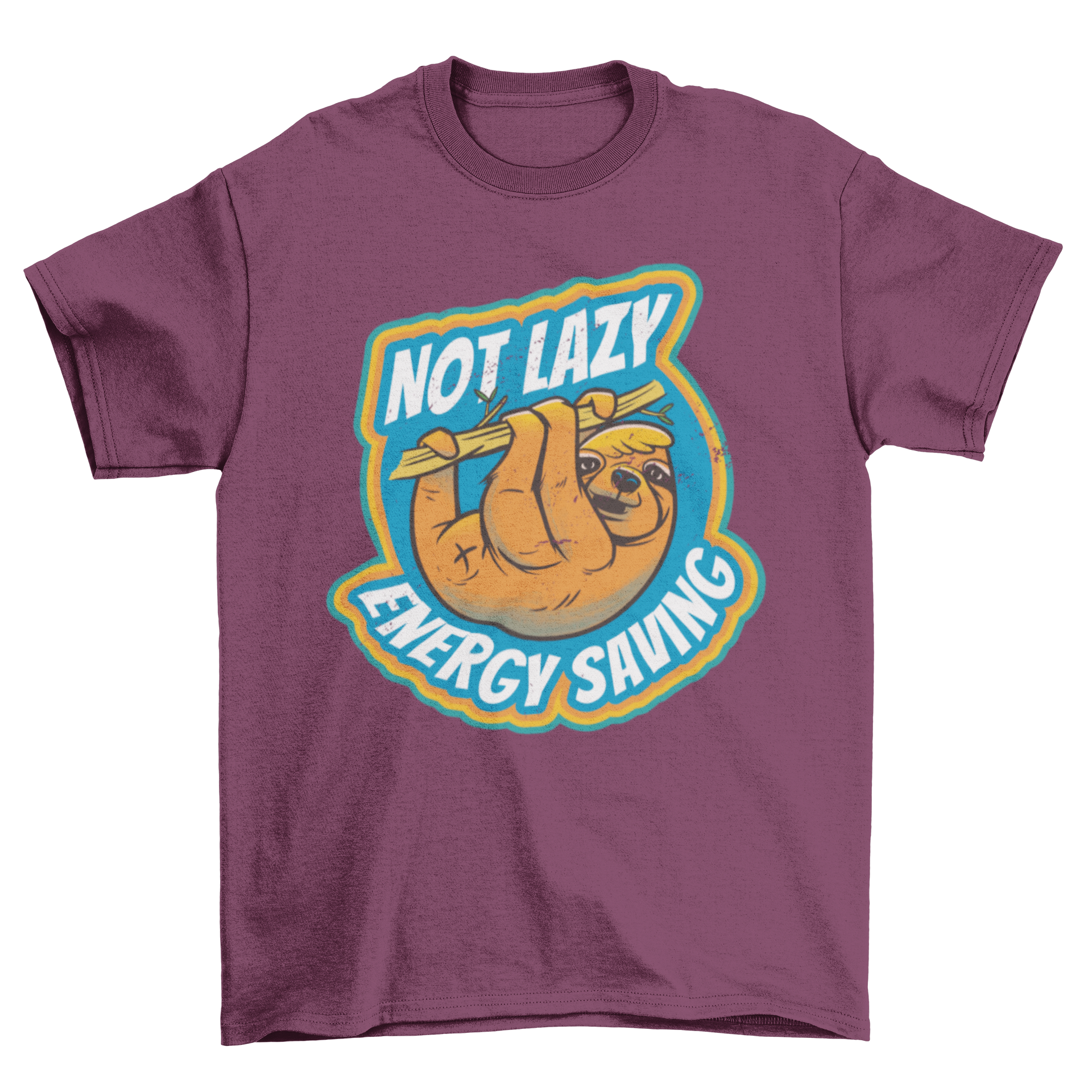 A humorous t-shirt featuring a sloth and the quote 'Not lazy - Energy saving', perfect for casual wear.