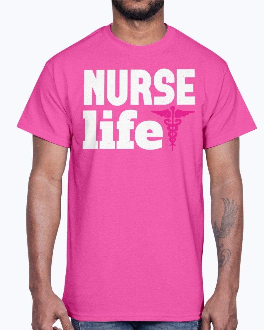 A comfortable unisex cotton tee featuring the phrase 'Nurse Life' designed for nurses, showcasing a classic fit and durable fabric.