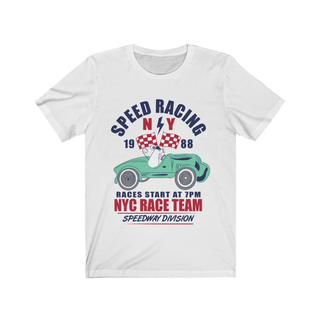 NYC Speed Racing Team T-Shirt in soft cotton with vinyl print, showcasing a modern unisex design.