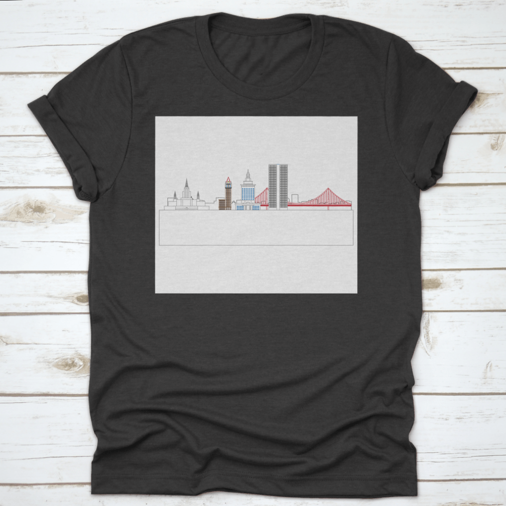 A stylish t-shirt featuring the Oakland, California skyline, showcasing iconic buildings and architecture.