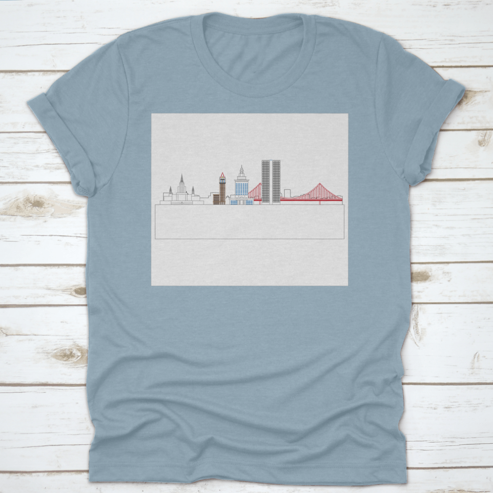 A stylish t-shirt featuring the Oakland, California skyline, showcasing iconic buildings and architecture.