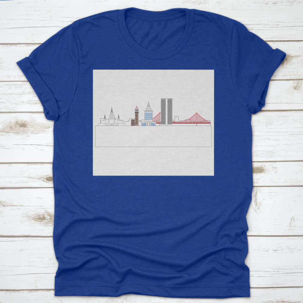 A stylish t-shirt featuring the Oakland, California skyline, showcasing iconic buildings and architecture.