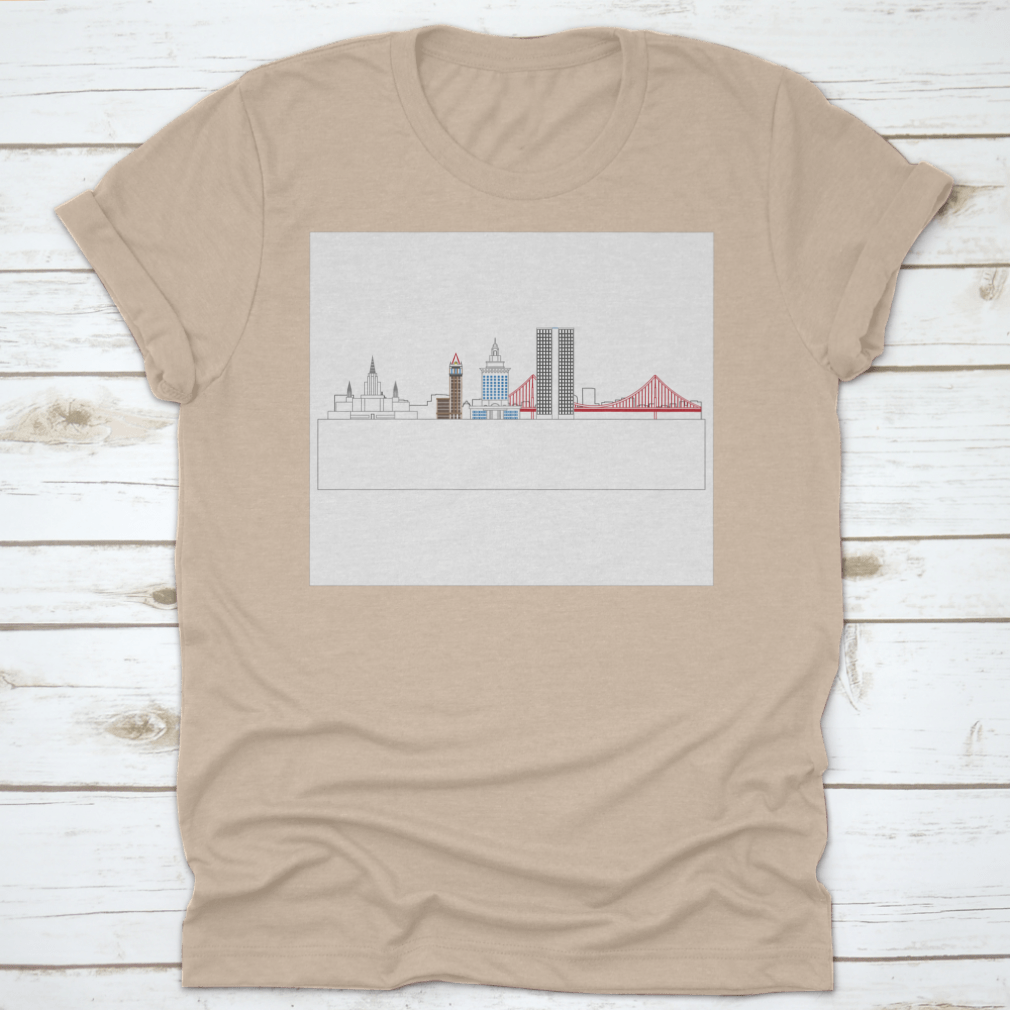 A stylish t-shirt featuring the Oakland, California skyline, showcasing iconic buildings and architecture.