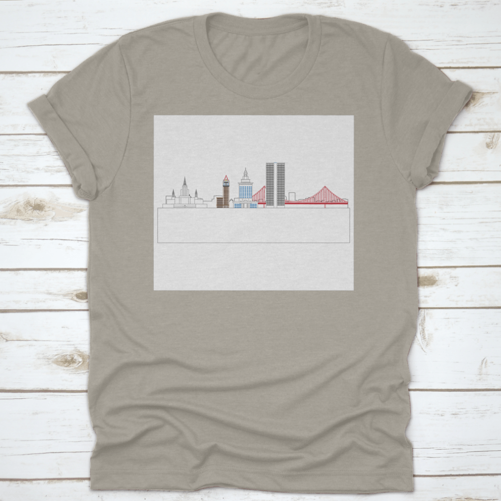 A stylish t-shirt featuring the Oakland, California skyline, showcasing iconic buildings and architecture.