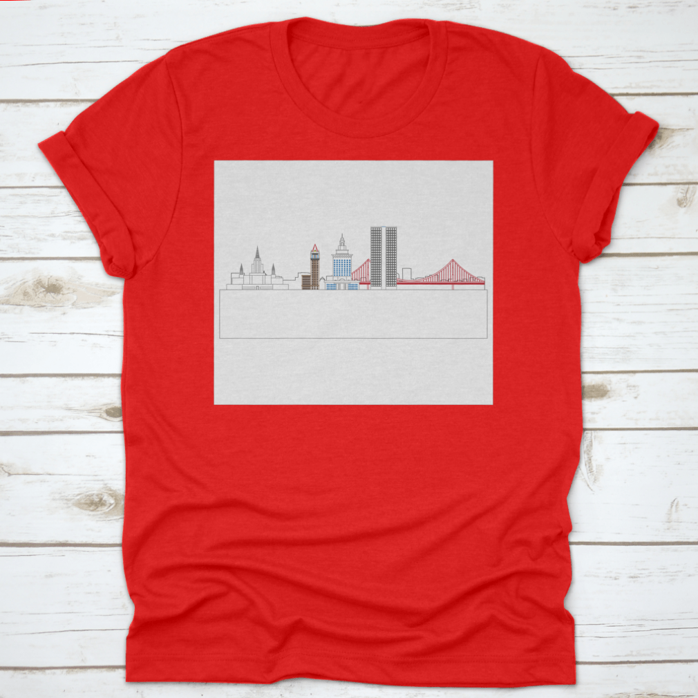 A stylish t-shirt featuring the Oakland, California skyline, showcasing iconic buildings and architecture.