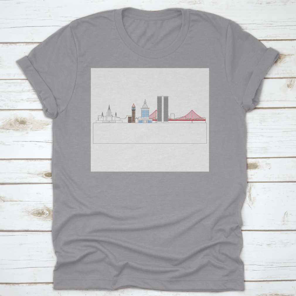 A stylish t-shirt featuring the Oakland, California skyline, showcasing iconic buildings and architecture.