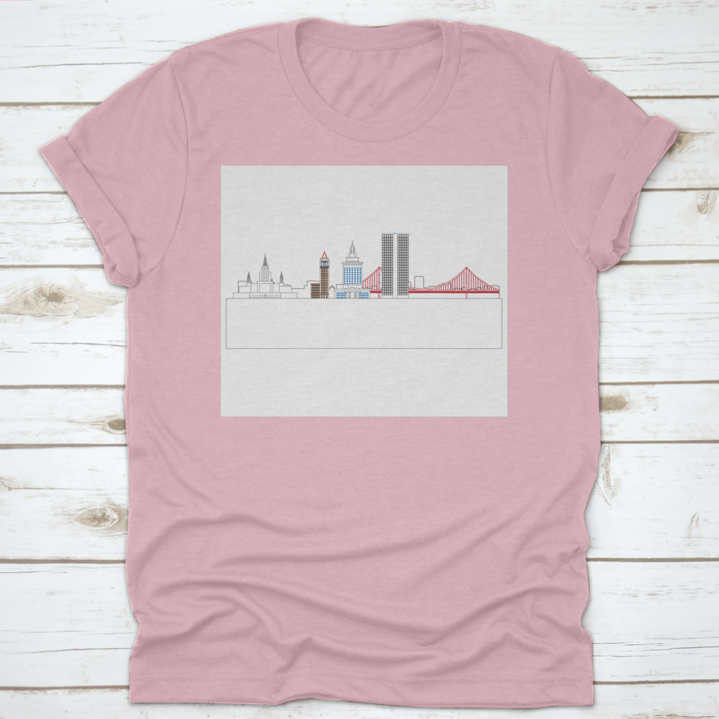 A stylish t-shirt featuring the Oakland, California skyline, showcasing iconic buildings and architecture.