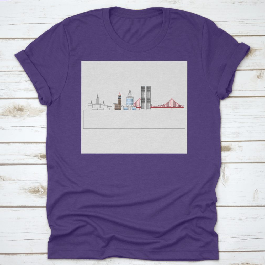 A stylish t-shirt featuring the Oakland, California skyline, showcasing iconic buildings and architecture.