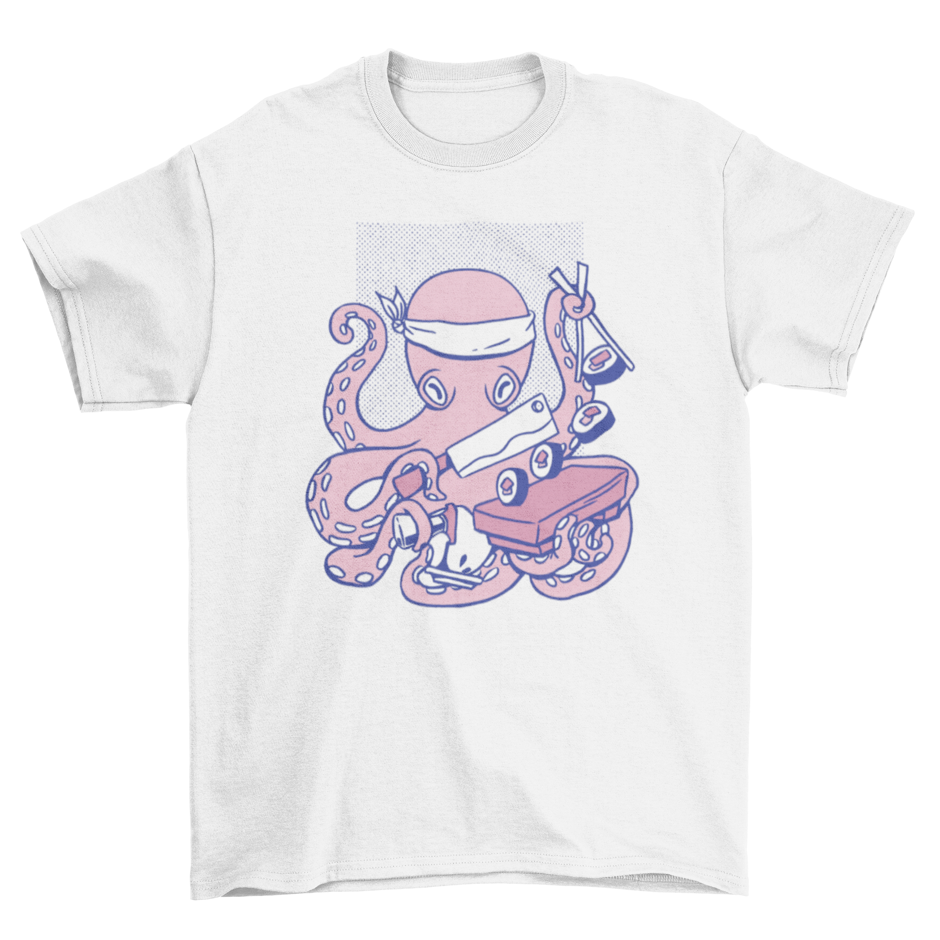 A colorful t-shirt featuring a whimsical octopus cooking sushi, showcasing a unique and fun design.