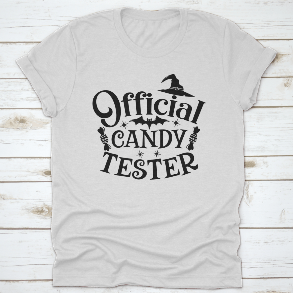 Official Candy Tester Vector Halloween T-Shirt featuring a fun design, made from 100% cotton for comfort.
