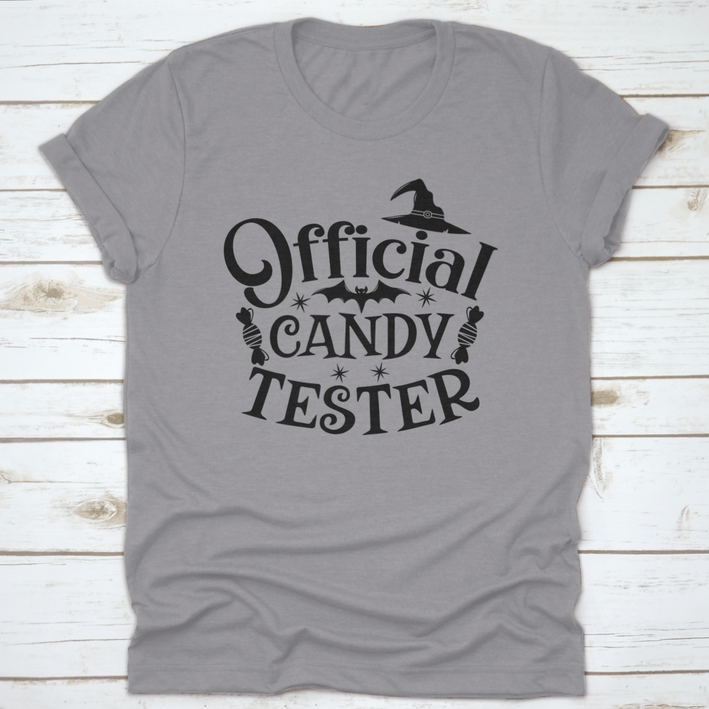 Official Candy Tester Vector Halloween T-Shirt featuring a fun design, made from 100% cotton for comfort.