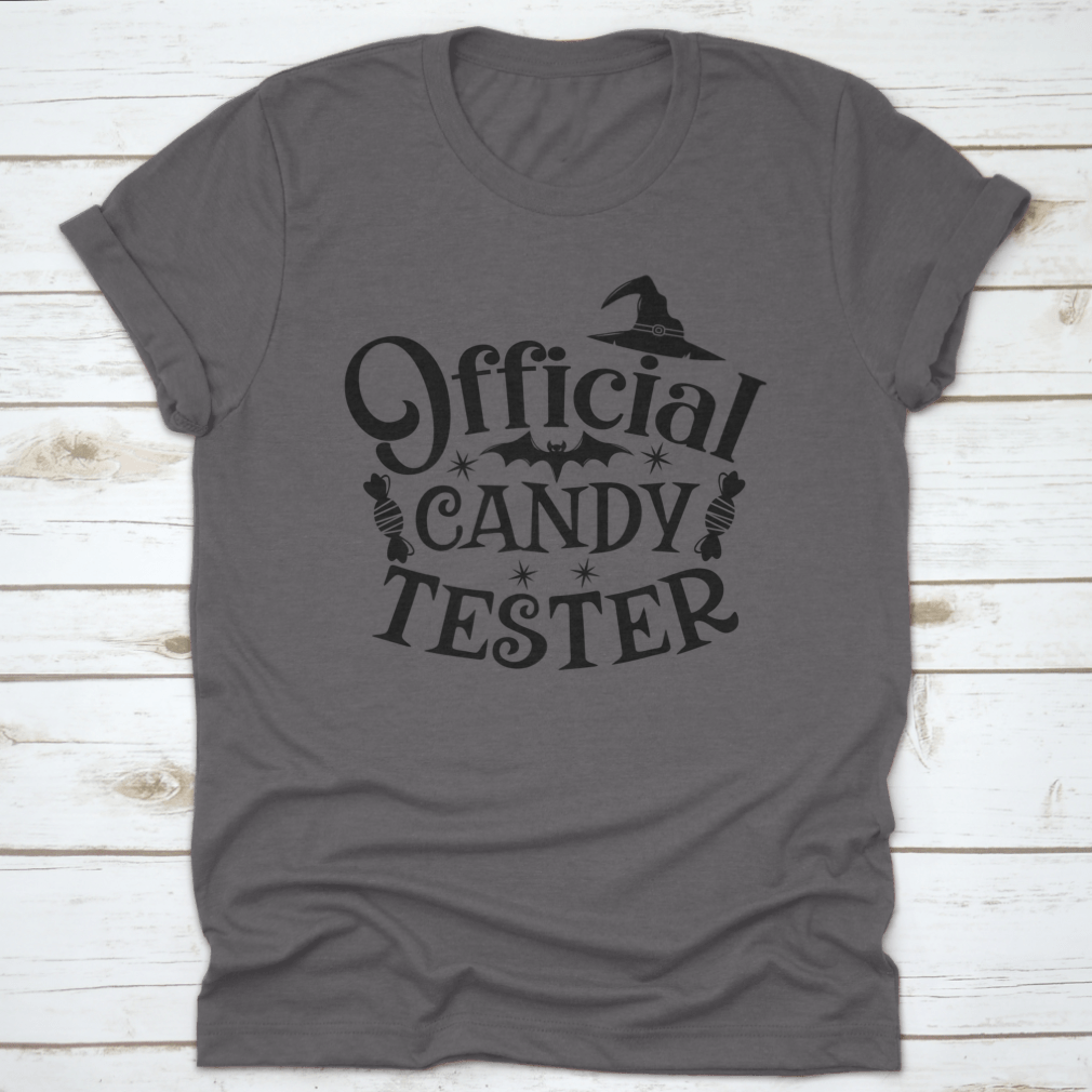 Official Candy Tester Vector Halloween T-Shirt featuring a fun design, made from 100% cotton for comfort.