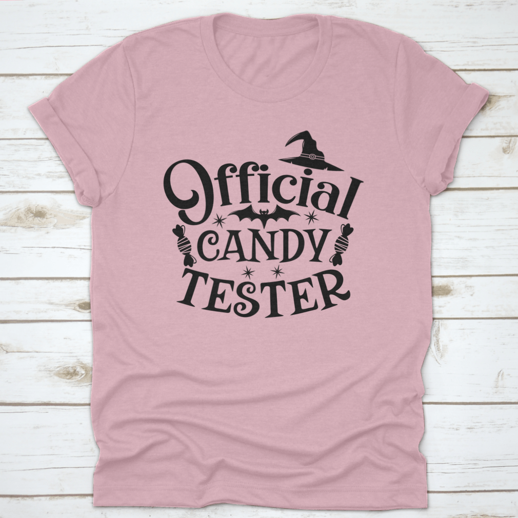 Official Candy Tester Vector Halloween T-Shirt featuring a fun design, made from 100% cotton for comfort.