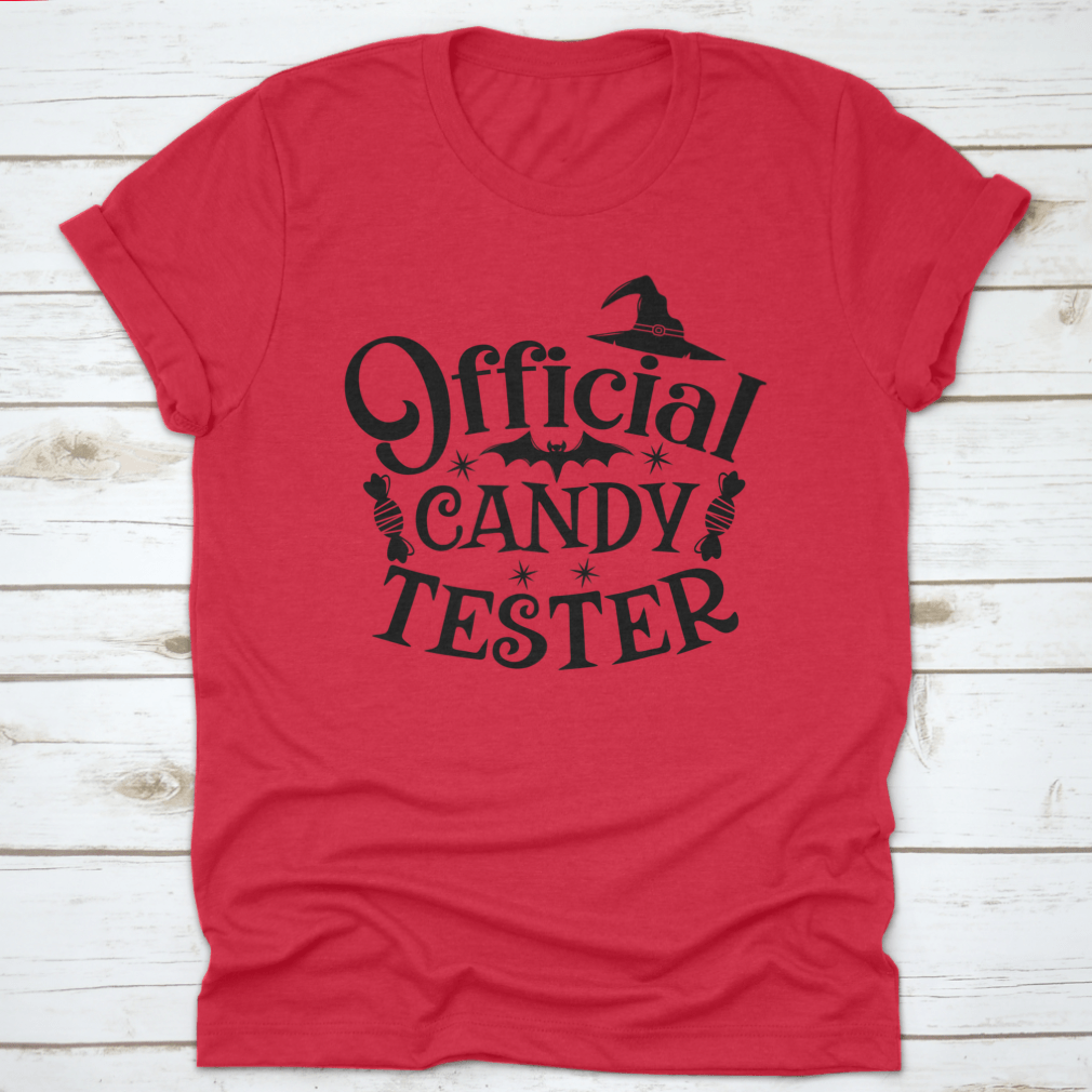 Official Candy Tester Vector Halloween T-Shirt featuring a fun design, made from 100% cotton for comfort.
