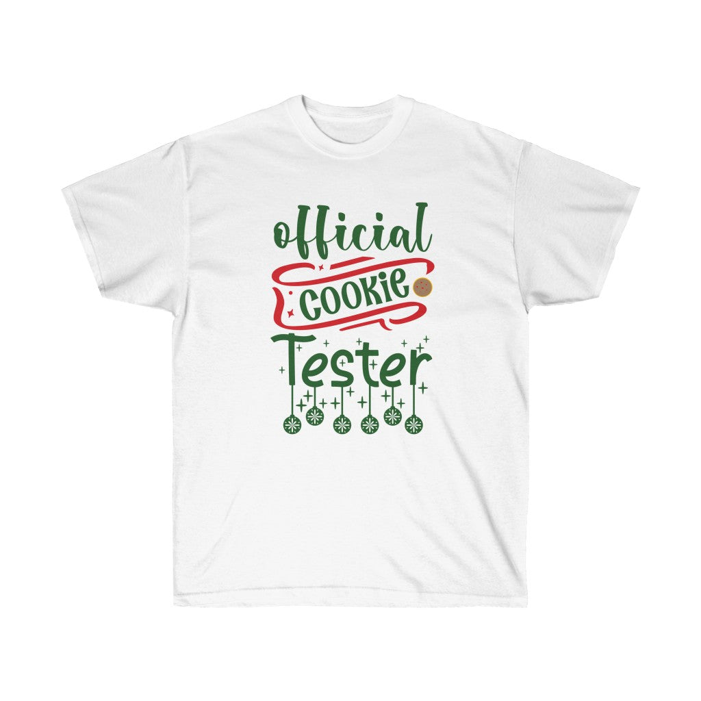 Official Cookie Tester Holiday T-Shirt made from 100% soft cotton, featuring a festive design suitable for cookie lovers.
