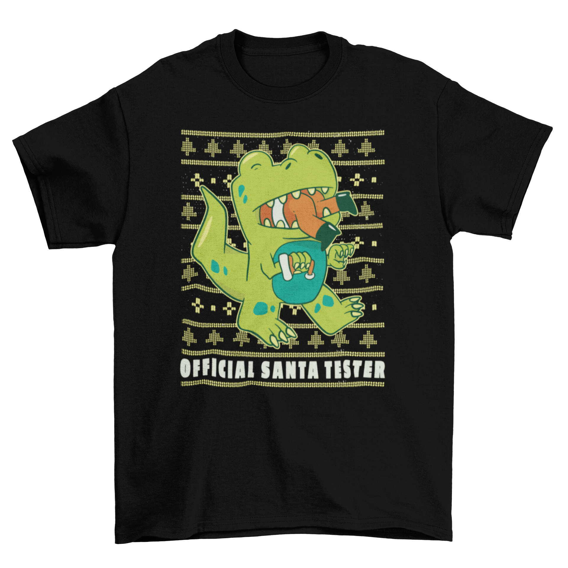 Green dinosaur "Official Santa Tester" T-shirt.