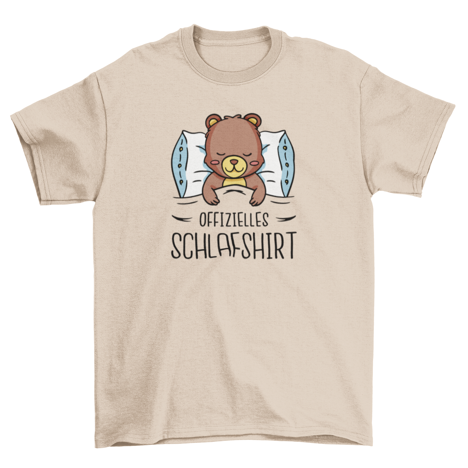 A cute t-shirt featuring a sleeping bear under covers with a German quote, perfect for sleepwear.