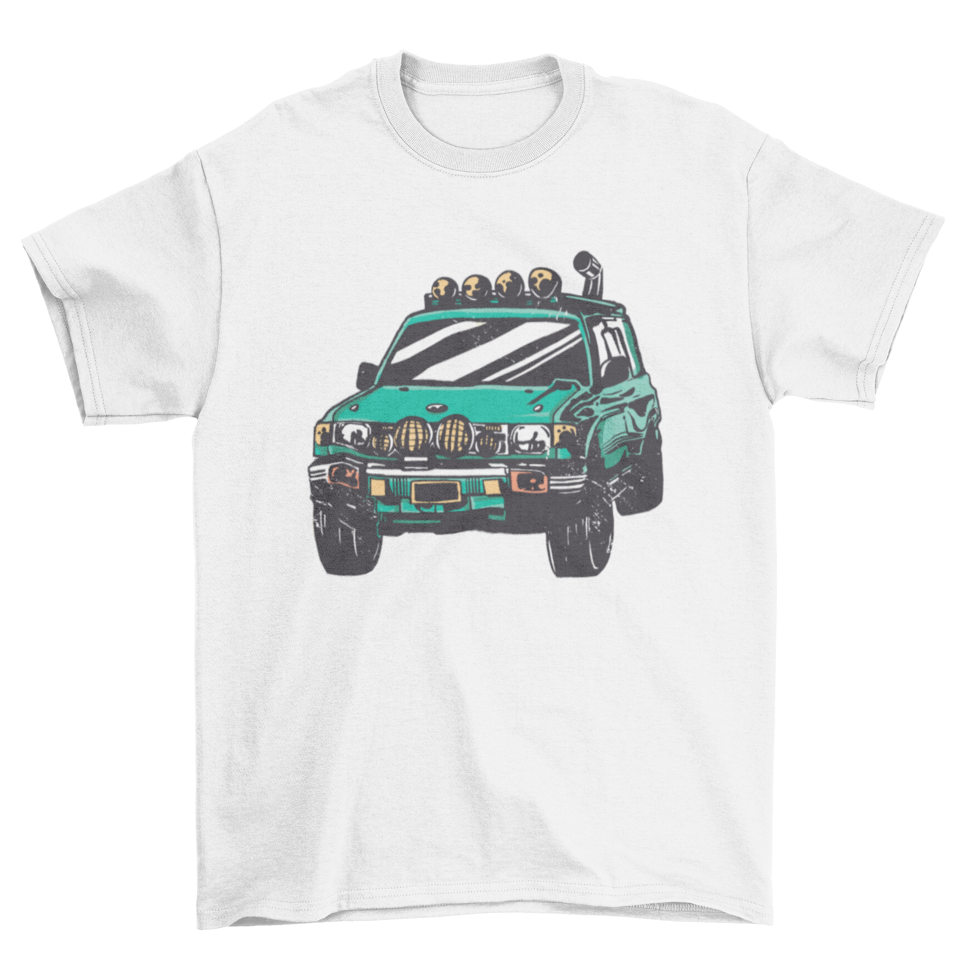 A vibrant green off-road vehicle graphic on a stylish t-shirt, perfect for adventure lovers.