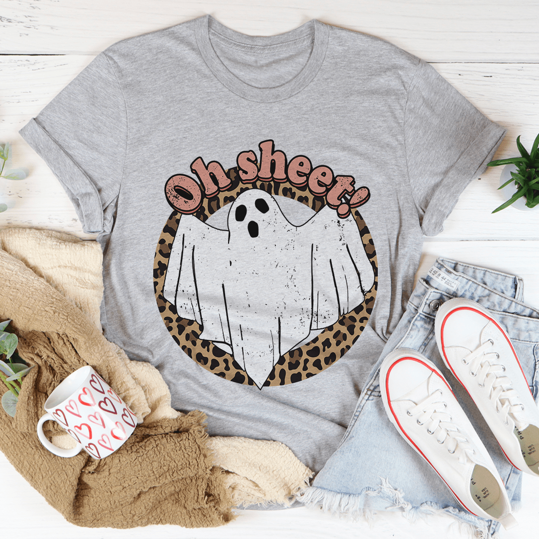 Oh Sheet Ghost Tee featuring a playful ghost design on a soft cotton fabric, perfect for Halloween celebrations.